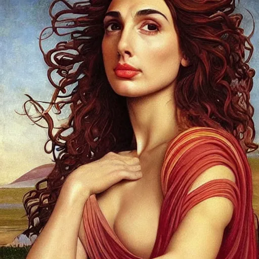 Image similar to Full body oil painting of the beautiful goddess Gal Gadot, she is wearing a peplos and a surreal ornate, her hair is natural disheveled, she is approaching heaven over the clouds, naturalism, dramatic lighting, high-detailed oil painting by Ilya Repin, Michelangelo da Caravaggio, William Blake, Alex Grey and Beksinski, trending on Artsation, hystorical painting, naturalism, masterpiece, 4k, 8k,