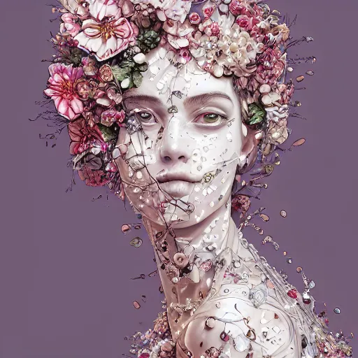 Image similar to the portrait of an absurdly beautiful, graceful, elegant, sophisticated, fashionable young woman made of strawberries and white petals with tears, an ultrafine hyperdetailed illustration by kim jung gi, irakli nadar, intricate linework, bright colors, octopath traveler, final fantasy, unreal engine 5 highly rendered, global illumination, radiant light, detailed and intricate environment