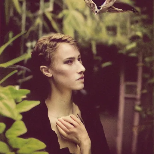 Prompt: head to shoulder grainy portrait Polaroid film photograph of an elegant top model wearing a yellow kimono with a very detailed barn owl on her shoulder!!! in a tropical greenhouse. looking at the camera!!. super resolution. Polaroid 600 film. art by Alessio albi and john william waterhouse and John Singer Sargent and greg rutkowski