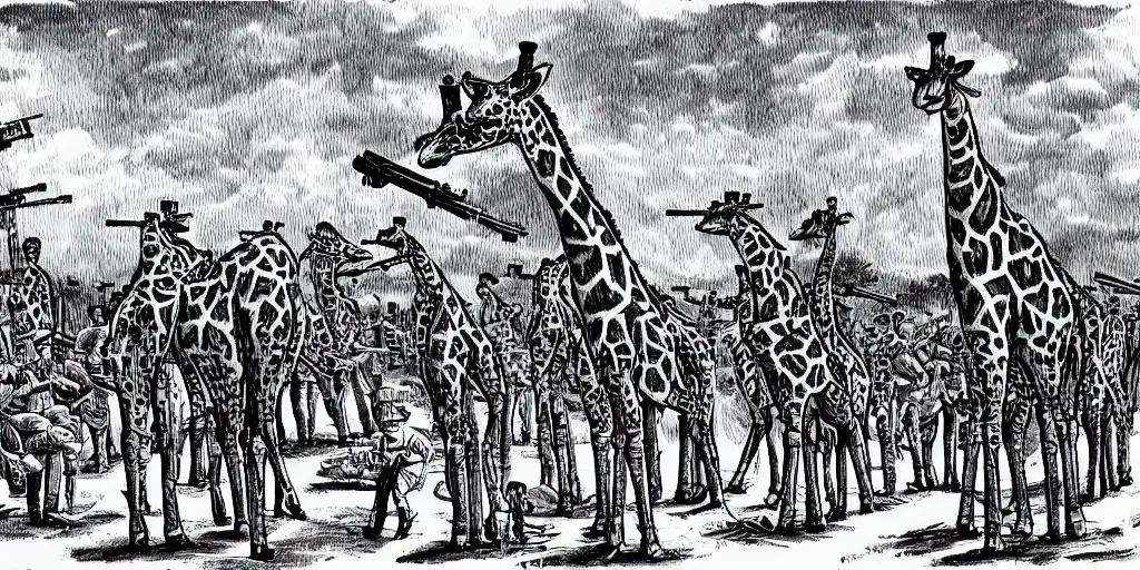 Image similar to giraffe army, guns and ammo, illustration, cartoon