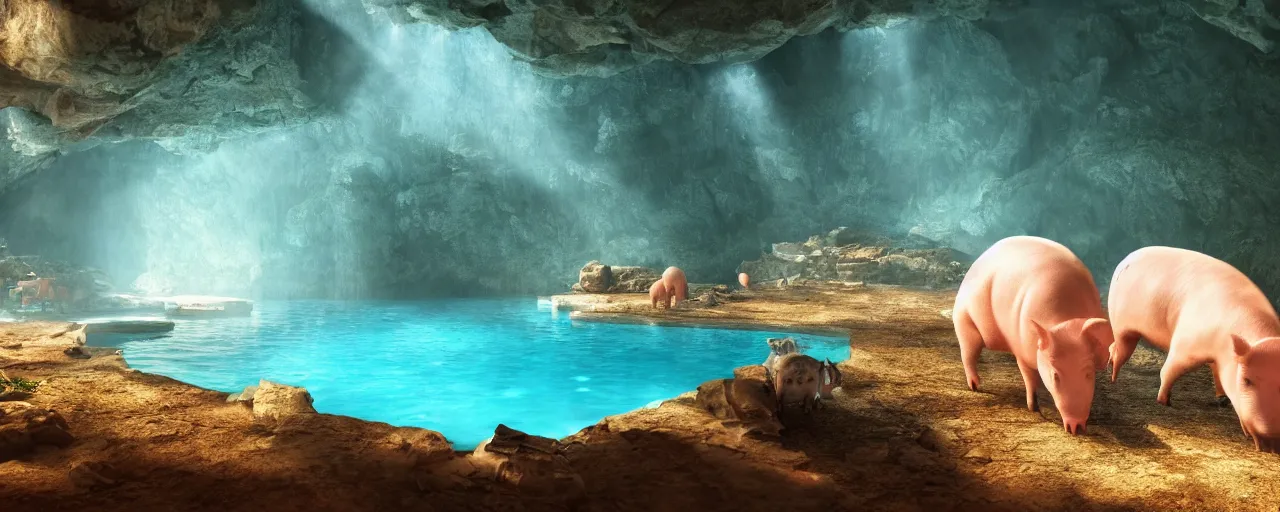 Image similar to Beautiful ancient mountain cave, pigs, volumetric lighting beaming through a crack in the roof shining on a turquoise clear pool. A soft glow slightly dusty atmosphere. Wallpaper. Ultra HD, V-ray, Octane Render, 8k, Sharp, Detailed, Maximalism. Stunning
