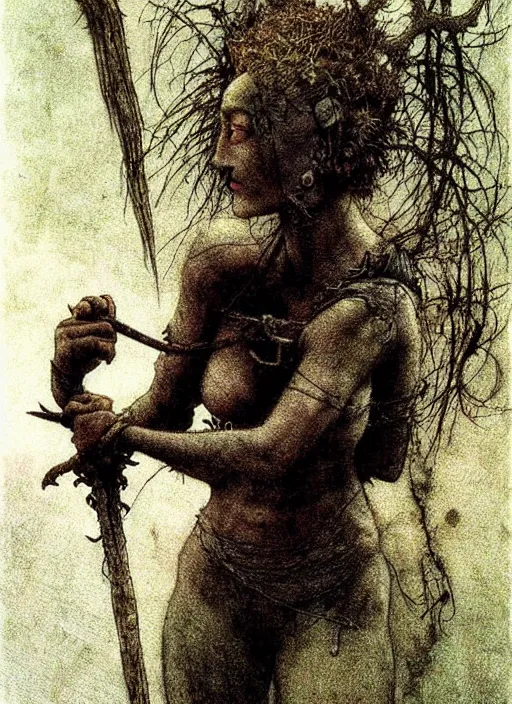 Image similar to bald barbarian girl by Beksinski and Arthur Rackham