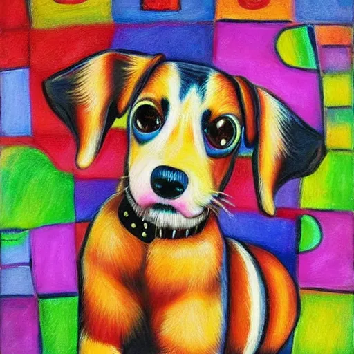 Prompt: painting of cute dog, full size, in style of friedensreich hundertwasser, photorealistic