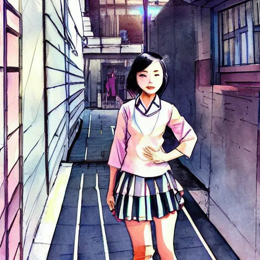 Prompt: a perfect, realistic professional digital sketch of a Japanese schoolgirls posing in a synthwave alleyway, style of Marvel, full length, by pen and watercolor, by a professional American senior artist on ArtStation, a high-quality hollywood-style sketch, on high-quality paper