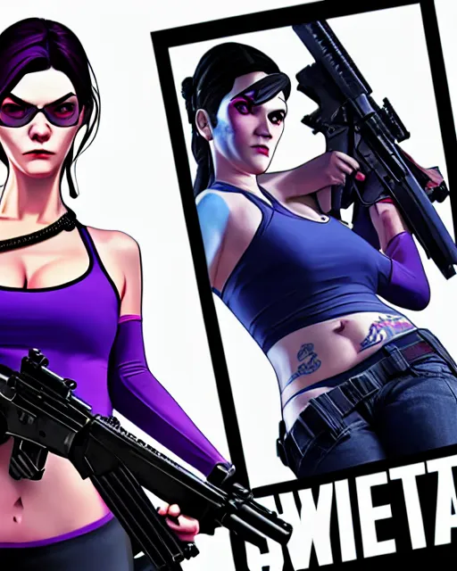 Image similar to gta 5, grand theft auto 5 cover art of widowmaker from overwatch