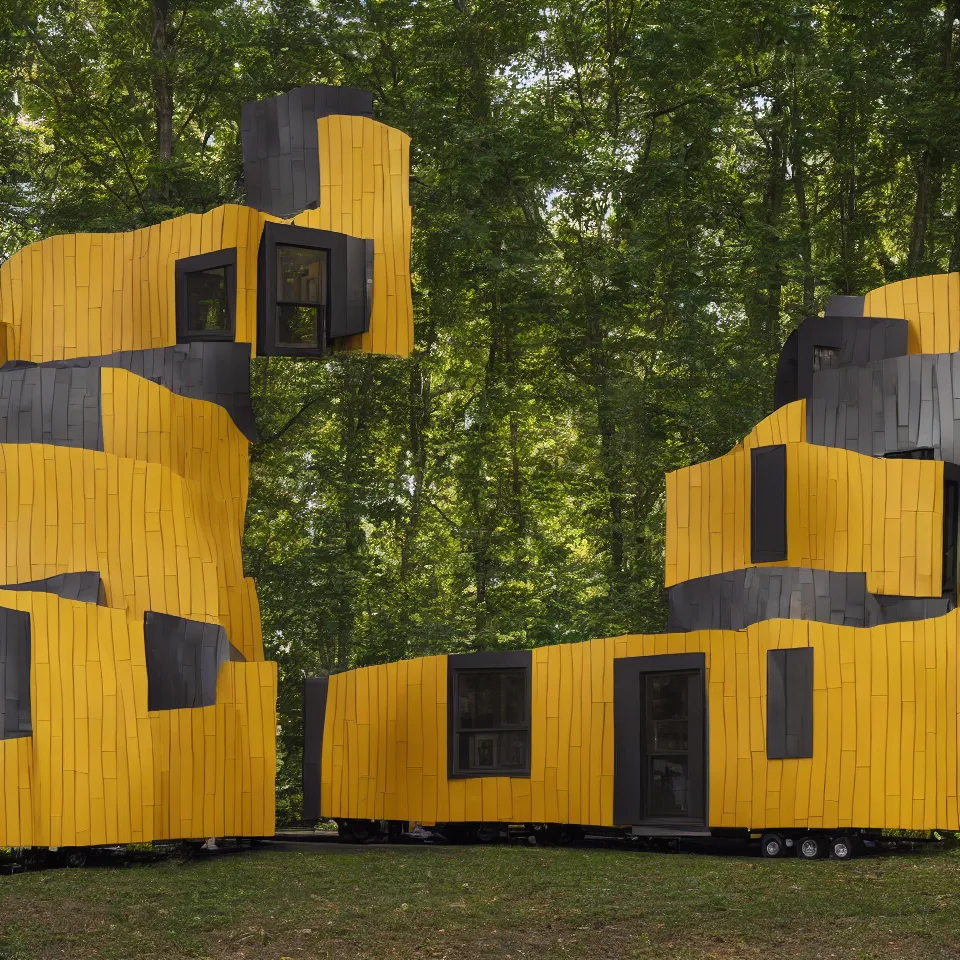 Image similar to a tiny tiny house in clearing, designed by Frank Gehry. Tiles. Film grain, cinematic, yellow hue