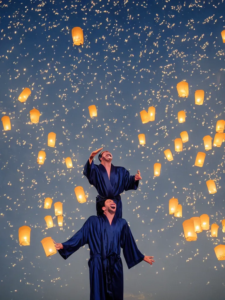 Prompt: an ecstatic man in a navy blue starry robe flying upward through the twilight sky, with lanterns, streamers, and monarch butterflies floating around him