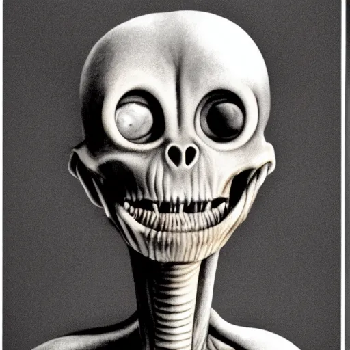 Image similar to humanoid with crooked teeth, sepia tint, two shallow black eyes, long open black mouth, alien looking, big forehead, horrifying, killer, creepy, long open black mouth, dead, looking straight into camera, realistic, slightly red, long neck, boney, monster, tall, very skinny, skullish, big forehead, in the style of alfred kubin