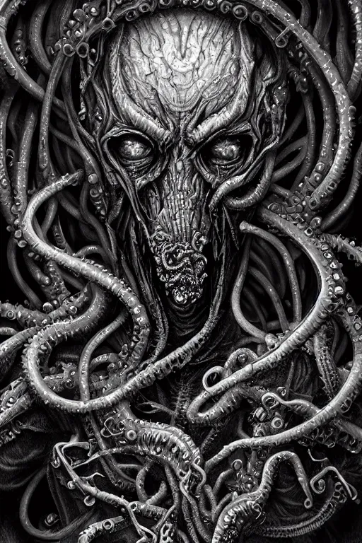 Image similar to realistic portrait of beautifully crystalized and detailed portrait of a biomech zombie with gasmask, tentacles, tendrils, eldritch, matte painting of cinematic movie scene red dragon, horror, created by gustave dore and greg rutkowski, high detailed, smooth draw, synthwave neon retro, intricate, realistic proportions, dramatic lighting, trending on artstation.