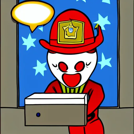 Image similar to police interrogation of a clown peeking out from a small magical trick box