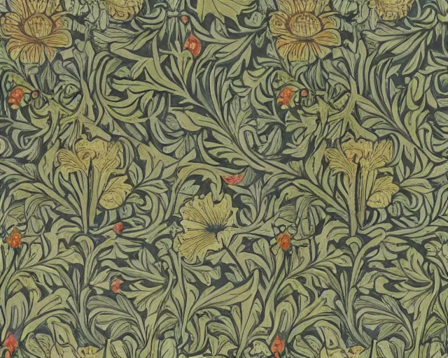 Prompt: Floral wallpaper in the style of William Morris and Dani Dazey