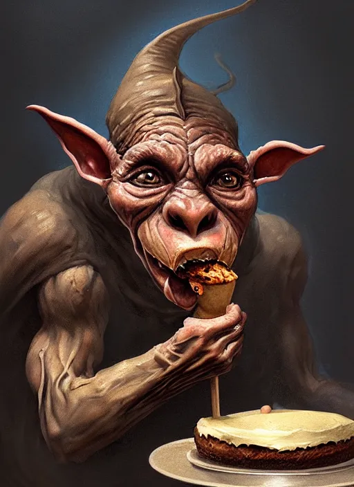 Image similar to portrait of a medieval goblin eating cakes, beautiful face, hyper realistic, highly detailed, digital painting, artstation, illustration, concept art by hyung tae and frank frazetta, digital paint, matte paint, washed colors, dark, gloomy