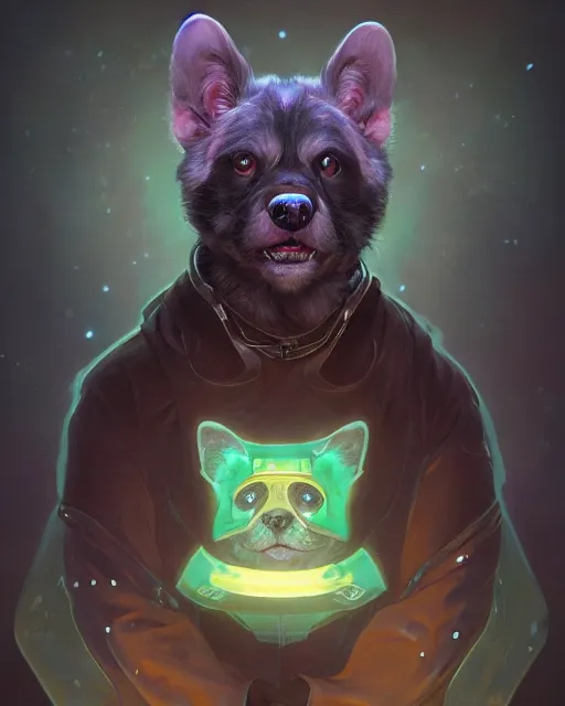 Image similar to one singular portrait of a cute bioluminescent dog-man, highly detailed, digital painting, cinematic, hyper realism, dark retrowave, art by Stanley Lau and Artgerm and magali villeneuve and Alphonse Mucha, artstation, octane render, cgsociety