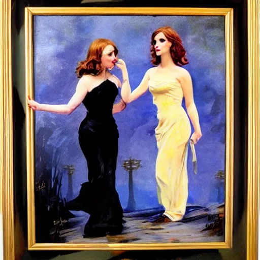 Image similar to frank frazetta painting of christina hendricks and emma watson