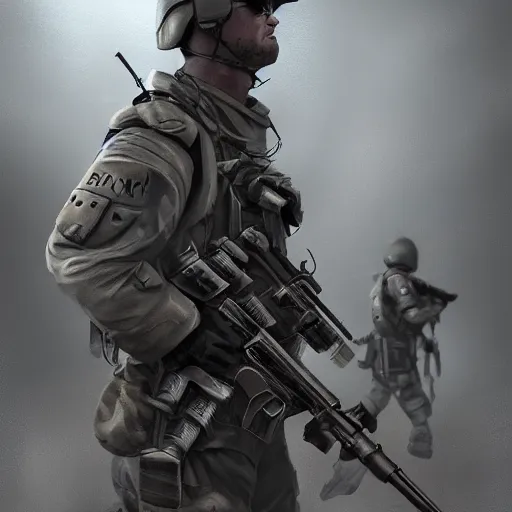 Image similar to Modern British mercenaries in grey uniforms with black armor vests in Afghanistan 2020, by Cedric Peyravernay, highly detailed, excellent composition, cinematic concept art, dramatic lighting, trending on ArtStation, combat photography