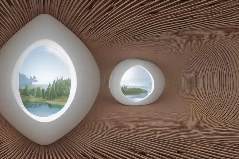 Image similar to many white spherical egg shaped spaces arranged up and down formation a cell building, by pierre bernard, on the calm lake, people's perspective, future, interior wood, marble, award winning, highly detailed 4 k art, dusk, unreal engine highly rendered, global illumination, radial light, internal environment