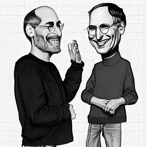 Image similar to Steve Jobs and Bill Gates laughing at an interview, sketch art