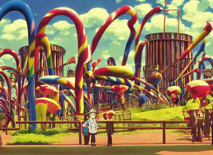 Image similar to film still of Willy Wonka's and the Chocolate Factory Artwork by Dice Tsutsumi, Makoto Shinkai, Studio Ghibli