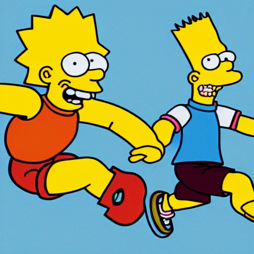 Image similar to bart simpson jumping over homer on his skateboard in the style of bill plympton 4 k