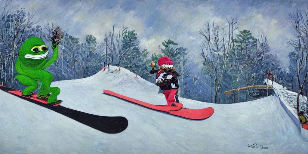 Prompt: sad pepe the frog snowboarding in terrain park, frustration, pain, anger, ramps, half - pipe, gloomy landscape, expressive oil painting by christopher radlund and camille pissaro