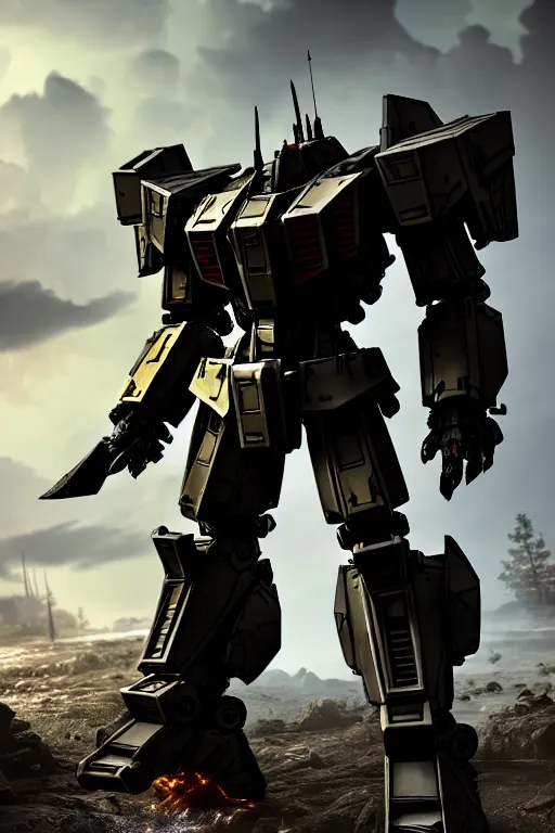 Image similar to hyper detailed 8 k cinematic still, rendering with volumetric lightning and ray tracing, show case of full body aggressive armored core, weathering armor plating, decipticon armor plating, aggressive head, endoekeleton exposure