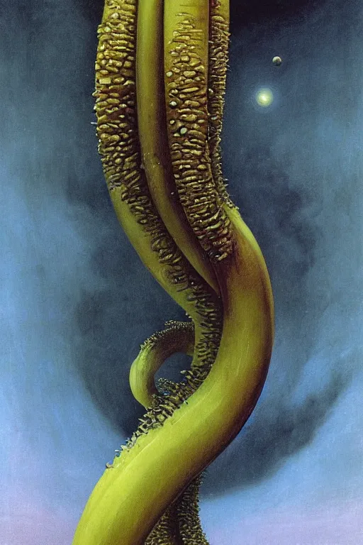 Image similar to cosmic horrors on my giant banana, close up of a banana, by zdzislaw beksinski, by dariusz zawadzki, by wayne barlowe, gothic, surrealism, cosmic horror, lovecraftian, cold hue's, warm tone gradient background, concept art, beautiful composition