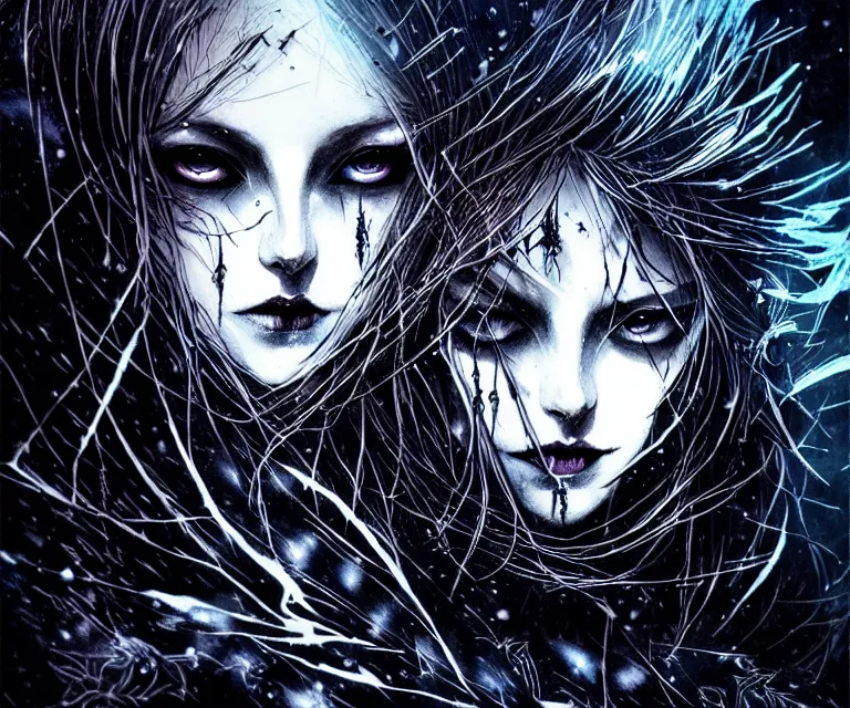 Prompt: stunning otherworldly gothic goddess of ice fire, dark and mysterious, atmospheric, ominous, eerie, cinematic, epic, 8 k, 4 k, ultra detail, ultra realistic, rendered by awesomeness. nights falling wind is blowwing snow is pilling concept art in style of carne griffiths artwork by xsullo