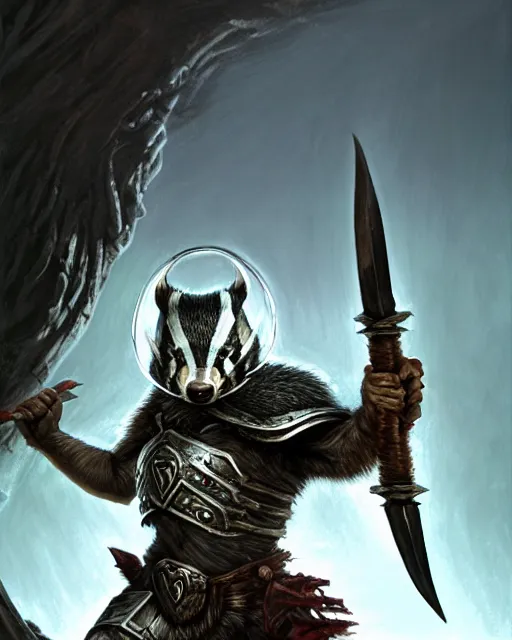 Prompt: Badger Warrior holding huge shield, forest background, D&D, artstation, fantasy, magic the gathering artwork, cinematic lighting, centered, symmetrical, highly detailed, digital painting, , concept art, smooth, sharp focus, illustration, volumetric lighting, epic Composition, 8k, art by Akihiko Yoshida and Greg Rutkowski and Craig Mullins, oil painting, cgsociety