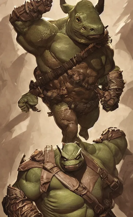 Image similar to rocksteady from tmnt, rhino, rugged, handsome, male, atmospheric lighting, amazing, full body, thighs, armpit, flowers, muscular, intricate, highly detailed, digital painting, deviantart, concept art, sharp focus, illustration, art by greg rutkowski and alphonse mucha