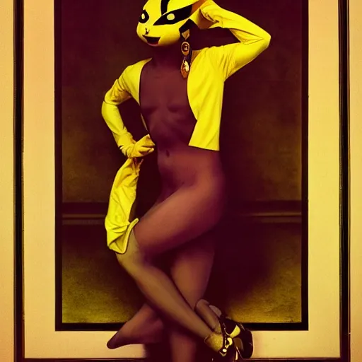 Image similar to elegant woman dressed up as pikachu, symmetry, art photo by Annie Liebovitz and Alphonse Mucha