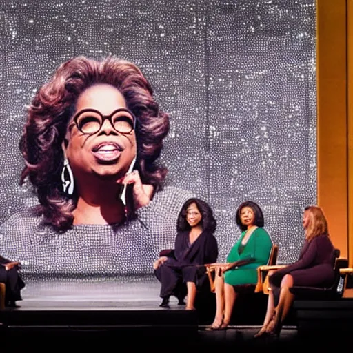 Image similar to the oprah winfrey show on a floating platform in empty space