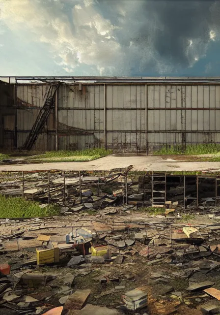 Image similar to of a summer day at the abandoned warehouse, Arnold Render, detailed,