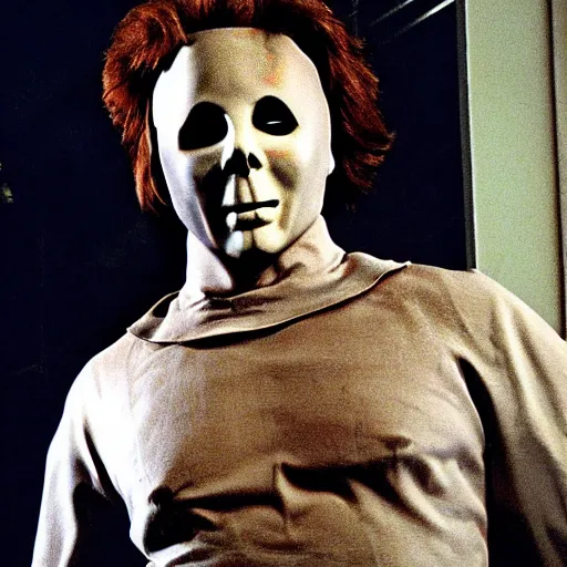 Prompt: Michael Myers from Halloween lies bare-chested on the couch in a sexy pose,