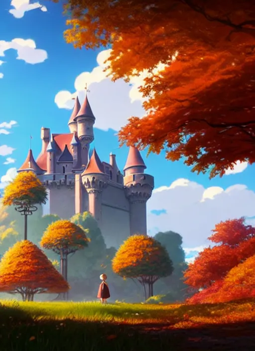 Prompt: a wholesome animation key shot, castle in the background, autumn foliage in the foreground, studio ghibli, pixar and disney animation, sharp, rendered in unreal engine 5, anime key art by greg rutkowski, bloom, dramatic lighting