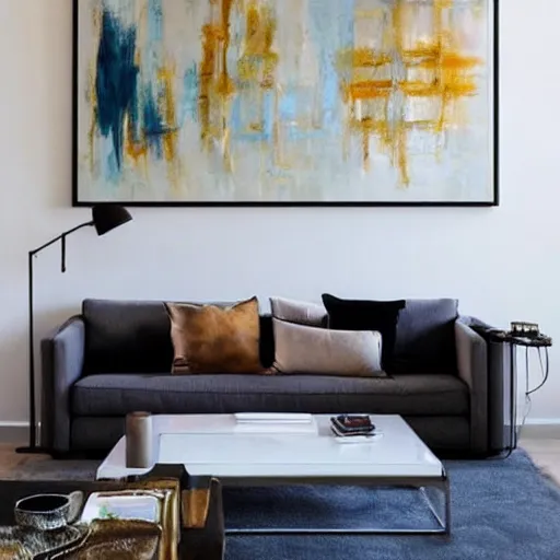 Image similar to mockup photo of luxury contemporary interior with large framed contemporary paintings, trending on pinterest