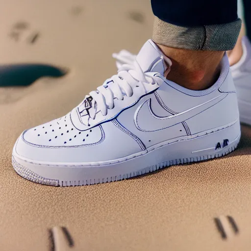 Prompt: person photographs his white nike air force one sneaker on a beach, color film photography, 3 5 mm, pov