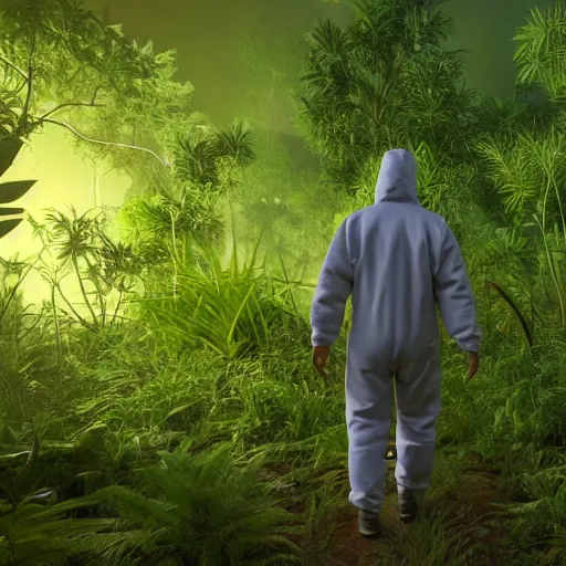 Prompt: a man wearing a hazmat suit, walking through a lush jungle, at night, red glow, unreal engine 5, ray traced, god rays, extremely high detail