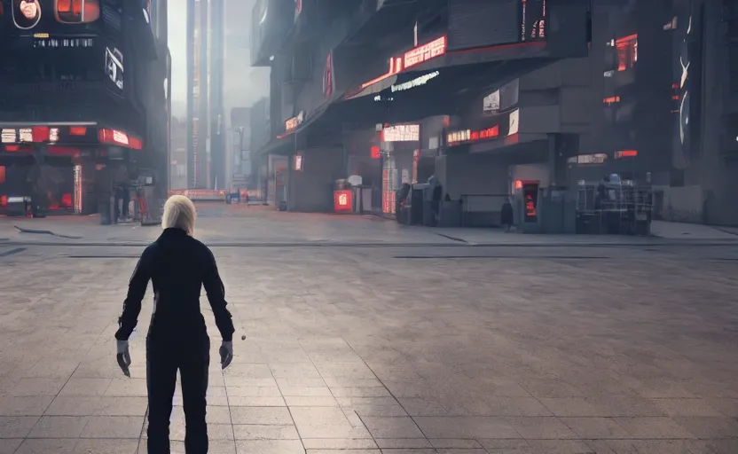 Image similar to anonymous guard with blond hair seen from the back cyberpunk, crowd in front of building detailed, cinematic light, cinematic epic, unreal engine 4 k, 8 k, detailed, ultra realistic, anime