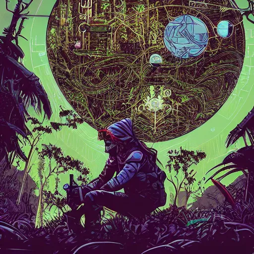 Image similar to Stunningly intricate illustration of single cyberpunk explorer overlooking lush forest, highly detailed, midnight, small glowing orbs by Josan Gonzalez and Dan Mumford , Moebius, Laurie Greasley