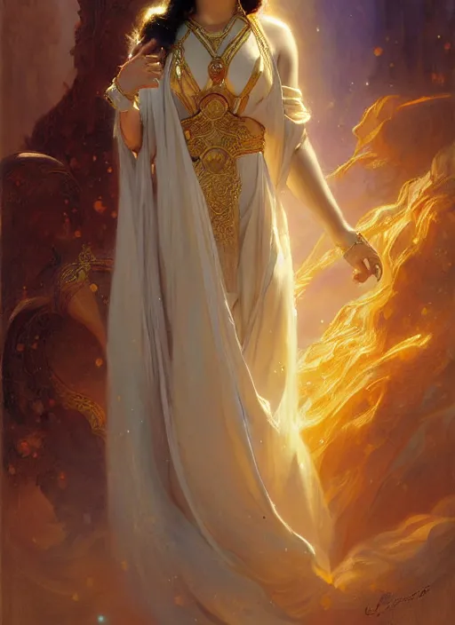 Prompt: young asian woman, goddess of starlight, long flowing hair, modest flowing gown, smug expression, highly detailed painting by gaston bussiere, craig mullins, j. c. leyendecker 8 k, sparkling nebula