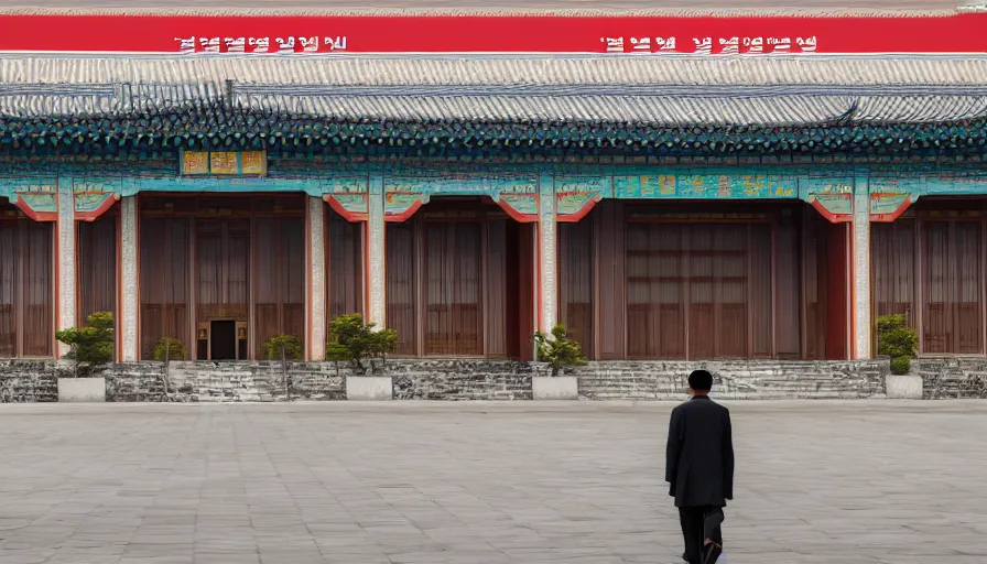 Image similar to 2020s movie still of empty north-korean royal restaurant palace, Leica SL2 50mm, high quality, higly detailed