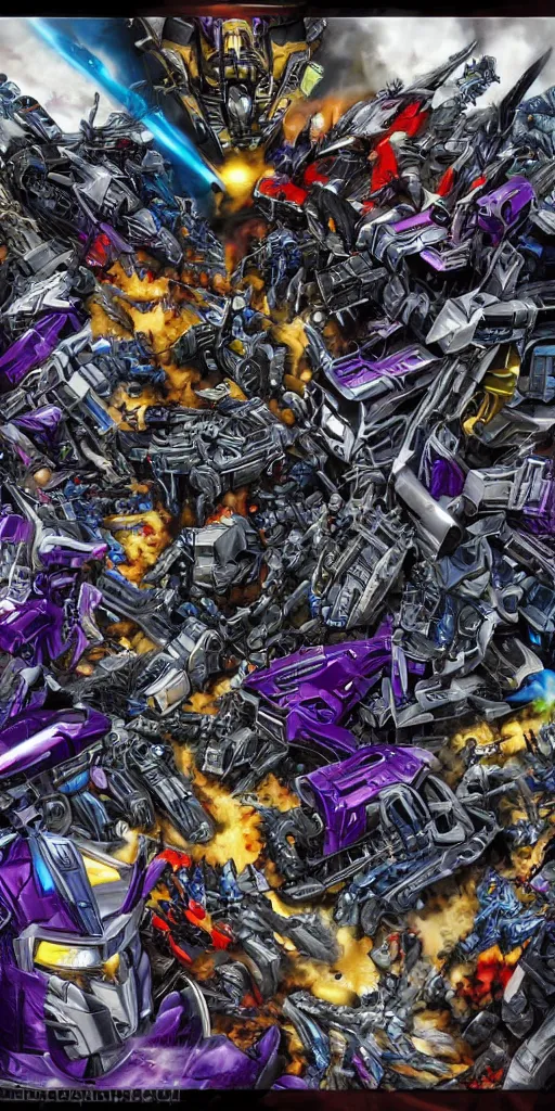 Prompt: decepticon and autobots battle, tribal leg tattoo!!!!!, transformers, skywrap, soundwave, star scream, blitzwing, sunstreaker, sideswipe, intricate, cybertron, cyber punk, lazer blast, sharp, high detailed, high contrast, 1 st winner, trending, polkadot!!! grunge!!!