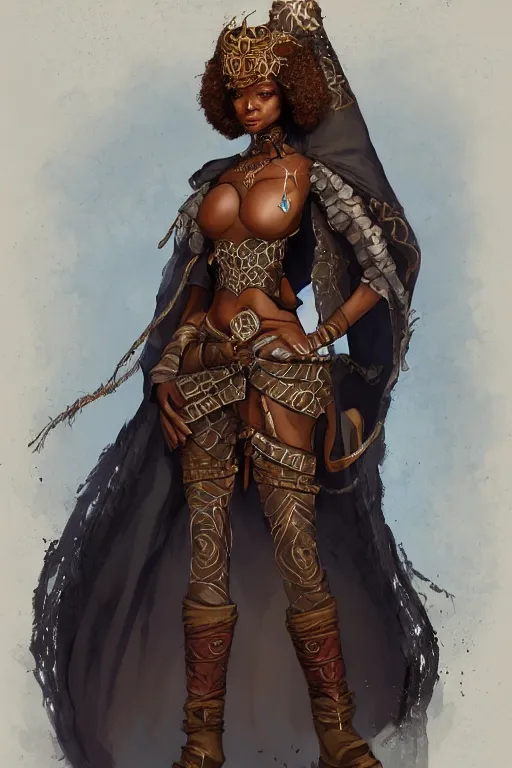 Prompt: beautiful ninja african princess with an afro. wearing cloak, medieval body armor, artgerm, trending on artstation, d & d character concept art, inspired by brom, standing in the streets of waterdeep, bokeh