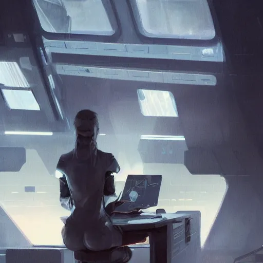 Image similar to concept art by greg rutkowski, a very tall, and slender blonde woman, wearing blue utilitarian jumpsuit, sitting in the spaceship command bridge, brutalist futuristic interior, dark lighting atmosphere, detailed portraits, nostalgic atmosphere, scifi, digital painting, artstation, concept art, smooth, sharp foccus ilustration, artstation hq