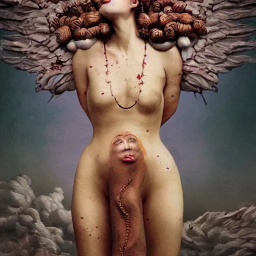 Image similar to the blasphemous caricature of the female body, hyperealistic detailed photography, divinity, awful, religious art