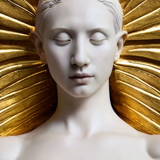 Prompt: a statue made of white marble with gold veins, of an beautiful gorgeous angel girl with huge wings, full body shot, perfect symmetrical body, perfect symmetrical face, no eyes, hyper realistic, hyper detailed, fujicolor superia 1 6 0 0 photo, by peter kemp, by monia merlo, by michelangelo octane render, blender, 8 k