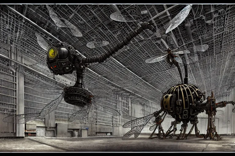 Image similar to dieselpunk huge robotic dragonfly, inside an gigantic underground concrete doom hangar, interior structure, drains, storm drains, jungle, vines, algea, cables, panels, walls, ceiling, floor, doors, brutalist architecture, intricate ink drawing, highly detailed in the style of Ashley Wood, moebius and Tsutomu Nihei, photorealistic, cinematic, intricate detail, well lit,