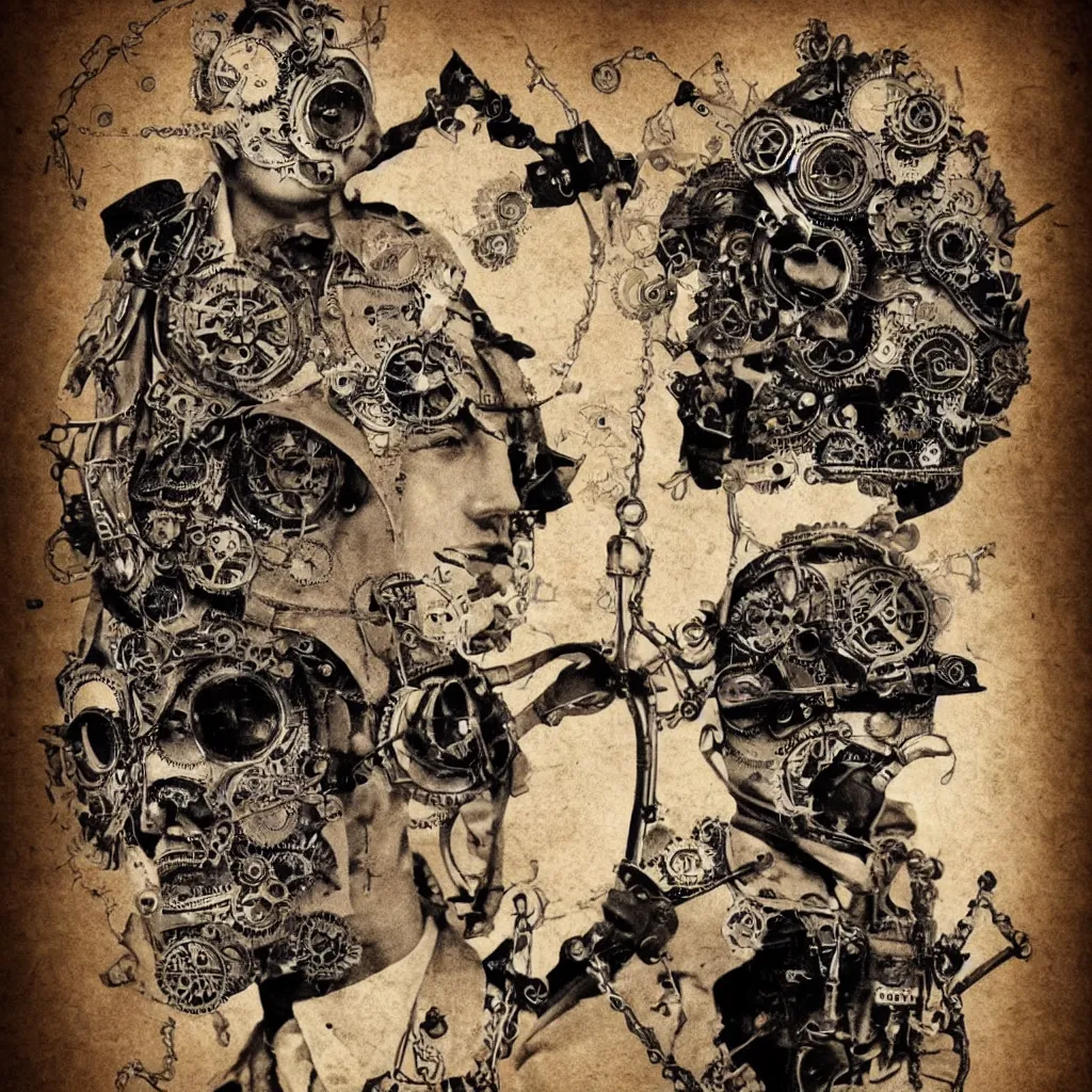 Image similar to steampunk boy with a super detailed and intricate mask, collage