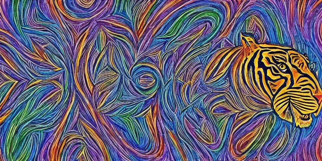 Image similar to alex grey art patterns on a tiger head