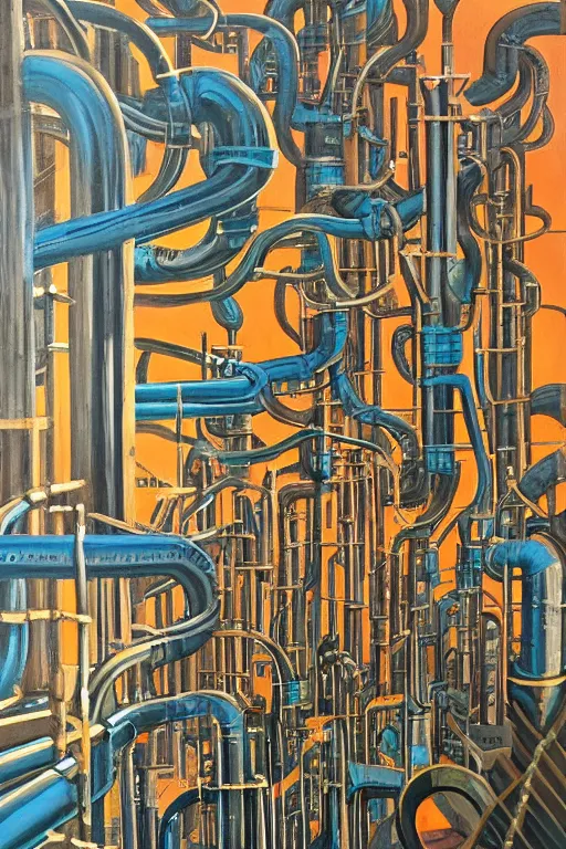 Image similar to oil painting, extra long-vie, hight detailed, thousand small melting industrial pipes, in style of 80s sci-fi art